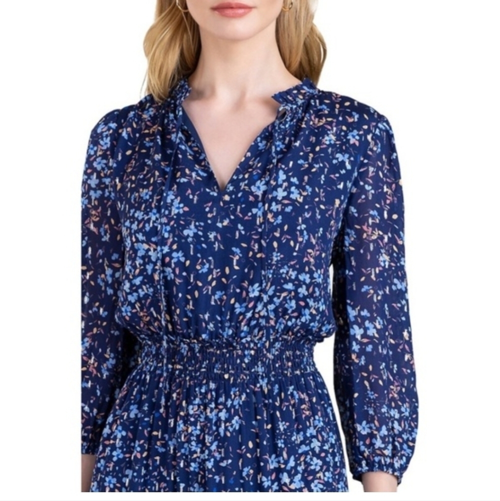 Shoshanna Jaxon Smocked Floral-Print Midi Metallic Chips Dress Size 6 - Picture 3 of 12